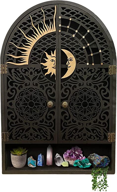 Amazon.com: Sun and Moon Shelf Crystal Display Case - Wall Hanging Crystal Display Shelf for Stones, Nail Polish, & Essential Oil Storage - Crystal Holder for Stones Display - Crystal Shelf Crystal Cabinet : Home & Kitchen Crystal Holder Display, Crystal Display Ideas, Gem Display, Crystal Display Shelf, Moon Shelf, Crystal Cabinet, Crystal Shelf, Witch Room, Witchy Art