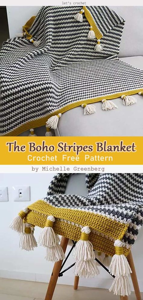 The Boho Stripes Blanket Free Crochet Pattern Modern Baby Blankets Crochet, Boho Blanket Crochet Pattern, Crochet Boho Afghan, Ideas For Crochet Blankets, Boho Afghan Crochet Pattern, Boho Crocheted Blanket, Modern Blanket Crochet, Striped Crochet Pattern, Boho Stripes Crochet Blanket