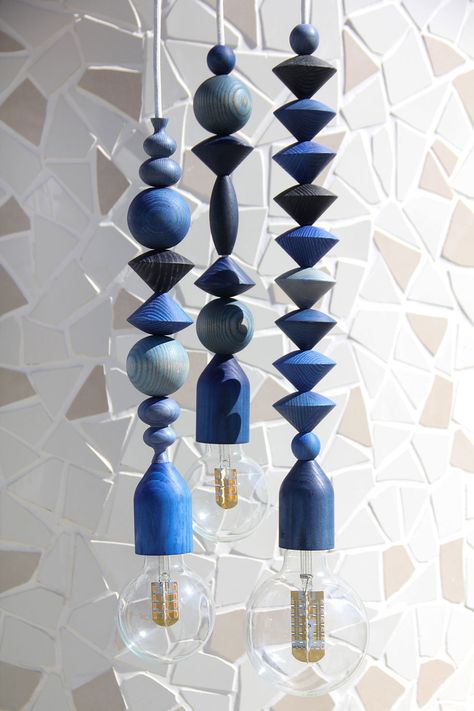 Marz Designs’ Indigo Bright Beads arrive just in time for summer Single Hanging Light, Unusual Lighting, Diy Lampe, Outdoor Chandelier, Wooden Pendant Lighting, Wood Pendant Light, Glass Floor, Style Deco, Wood Pendant