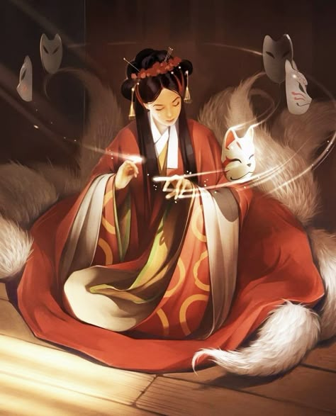 Legend Of The Five Rings, Nine Tails, Five Rings, Japanese Mythology, Legends And Myths, Fox Spirit, Japanese Folklore, Concept Art Character, Korean Art