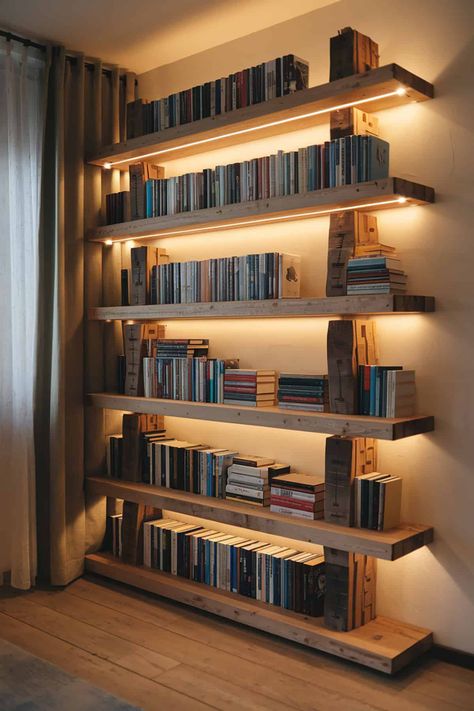 30 Ideas for Bookshelves Around Windows - Homenish Book Shelves Lighting, Floating Library Shelves, Lighted Bookshelves, Bookshelves Around Windows, Diy Wall Bookshelf, Full Wall Bookshelf, Police Za Knjige, Wall Bookshelf Ideas, Ideas For Bookshelves