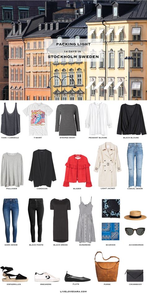 What to Pack for Stockholm Sweden Packing Light List #packinglist #packinglight #travellight #travel #livelovesara Sweden In Summer, Summer Stockholm, School Outfits Summer, Black Sundress, Summer Packing, Cardigan Blazer, Casual Sundress, Travel Capsule Wardrobe, Trip Outfits