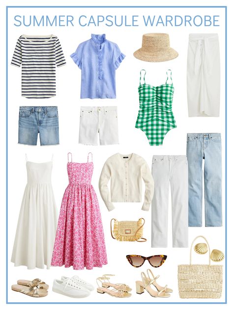 Preppy Capsule Wardrobe Summer, Seaside Outfit Summer, Summer Wardrobe 2023, Coastal Capsule Wardrobe, Summer Wardrobe Capsule, Preppy Capsule Wardrobe, Seaside Fashion, 50s Outfit, Holiday Capsule Wardrobe