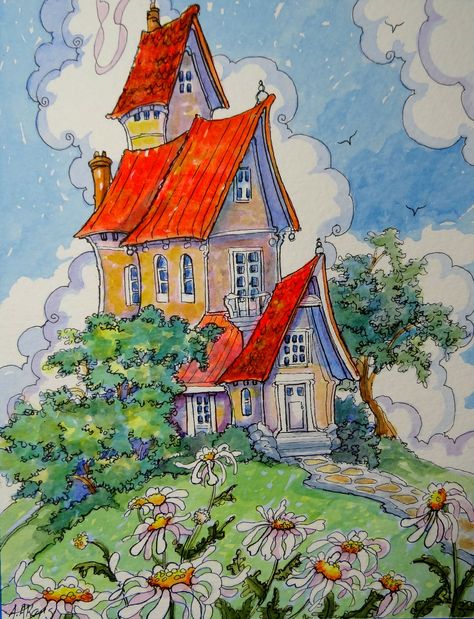 Alida Akers, Book Cottage, Art Deco Cottage, Cottage Illustration, Funny House, Vintage Storybook, Cottage Painting, Storybook Art, Storybook Cottage