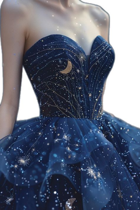 Gown Aesthetic Ball, White And Navy Blue Wedding Dress, Midnight Blue Dress With Stars, Prom Dress Celestial, Celestial Homecoming Dress, Celestial Formal Dress, Star And Moon Dress, Acotar Ball Gowns, Moon And Stars Wedding Dress