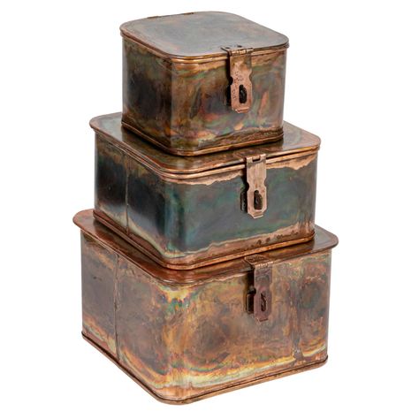 "Shop the Hello Honey Burnt Copper Finish Square Decorative Boxes Set at Michaels. com. Their rustic charm makes them perfect for farmhouse, industrial, or eclectic-themed spaces, equally suited for both home and office use, adding a touch of sophistication to any setting. Add a touch of rustic elegance to any space with this set of three decorative metal boxes. Each box features a stunning burnt copper finish that exudes warmth and sophistication. Their rustic charm makes them perfect for farmh Eclectic Industrial Decor, Western Office Decor, Vanity Nightstand, Eclectic Industrial, Collected Interiors, Hello Honey, Farmhouse Industrial, Dresser Vanity, Rustic Traditional