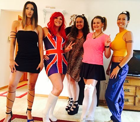 Spice Girls themed costume night - Posh, Ginger, Scary, Baby and Sporty. Group Halloween Costume Idea. Posh Spice Halloween Costume, Muck Up Day Costumes, Posh Spice Costume, Scary Spice Costume, Spice Girls Costume, Ginger Spice Costume, Sporty Spice Girl, Spice Girls Outfits, Spice Girls 90s