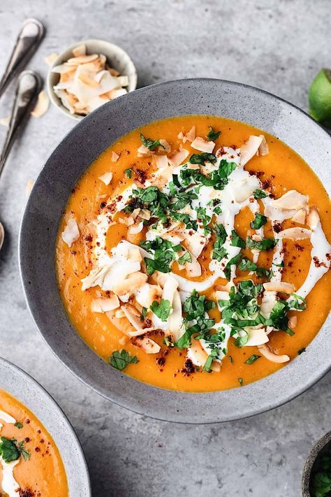 Curried Sweet Potato Coconut Soup #soup #vegan #recipe #sweetpotato #fall #autumn #coconut #curry #spice Sweet Potato Coconut Curry, Soup Potato, Veggie Options, Curry Spice, Cooking Vegan, Coconut Curry Soup, Soup Ideas, Winter Soup Recipe, Sweet Soup