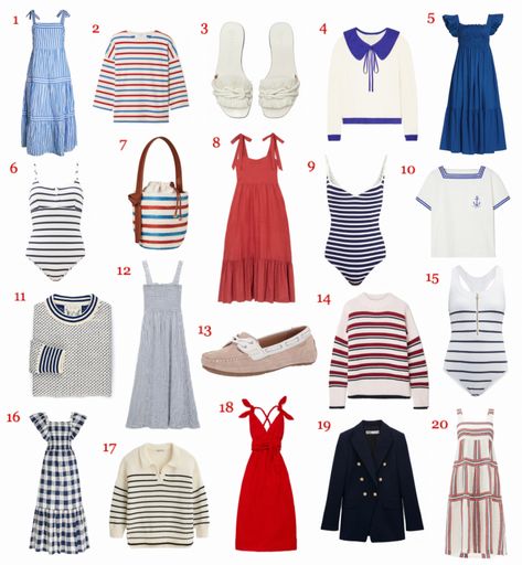 Cute Nautical Outfits, Blue Nautical Spring Dresses, Nautical Outfits For Women, Nautical Theme Outfit, Blue Nautical Summer Dress, White Nautical Summer Bags, Nantucket Vibes, Blue Nautical Style T-shirt For Summer, Nautical Inspired Outfit