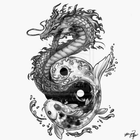 Dragon Yin Yang Tattoo, Dragon Koi Tattoo Design, Tato Phoenix, Koi Dragon Tattoo, Dragon Tattoo Drawing, Koi Dragon, Koi Tattoo Design, Dragon Tattoo Art, Realistic Tattoo Sleeve