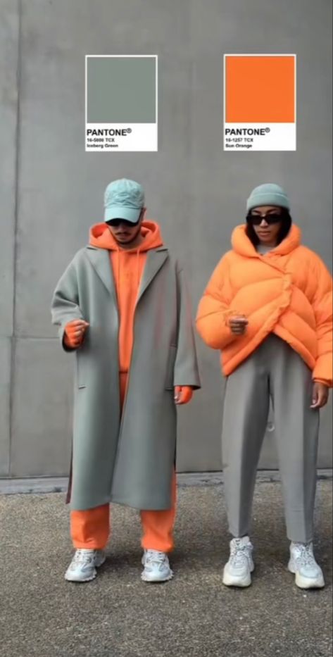 Fun Color Combos Outfits, Color Mixing Outfits, Funky Colourful Outfits, Street Wear Color Palette, Orange And Gray Outfit, Group Color Coordinated Outfits, Grey Color Combinations Outfits, Contrasting Outfits, Pantone Outfit