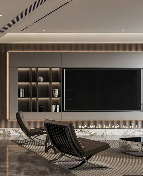 Tv Wall Modern Design, Grey Living Room Ideas, Modern Tv Unit Designs, Grey Living Room, Tv Cabinet Design, Modern Tv Units, Tv Wand, Tv Room Design, Minimalist Apartment