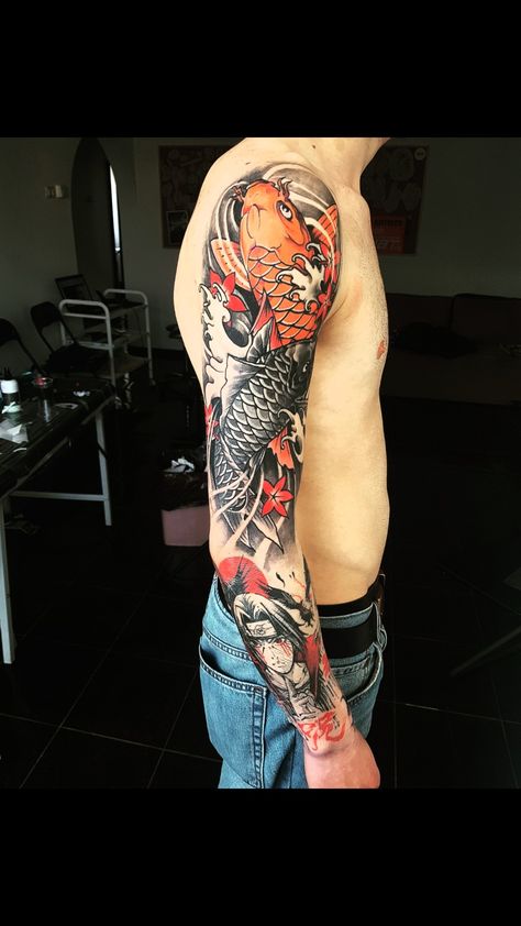 japanese koi and anime sleeve tattoo. Koi Arm Sleeve Tattoo, Koi Fish Sleeve Tattoo Design, Japanese Theme Tattoo, Koi Fish Arm Tattoo, Koi Sleeve Tattoo, Anime Sleeve Tattoo, Koi Tattoos, Anime Sleeve, Koi Dragon Tattoo