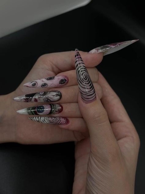 Staleto Nails Design, Long Gothic Nails, Staleto Nails Long Design, Weird Acrylic Nails, Satanic Nail Art, Tokyo Ghoul Nails, Horror Nails Acrylic, Nail Colors 2023 Summer, Demon Nails