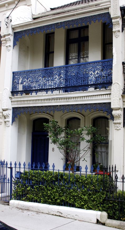 blue and white terraced house, Sydney Victorian Terrace House, Figure Design, Exterior Inspiration, Iron Balcony, Casa Exterior, Australian Architecture, Victorian Terrace, Iron Fence, Shade Sail