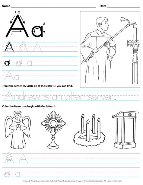 Catholic Alphabet Letter A Worksheet Preschool Kindergarten - TheCatholicKid.com Catholic Kindergarten Activities, Catholic Kindergarten Classroom, Catholic Preschool Activities, Psr Activities, Kindy Activities, Kindergarten Alphabet Worksheets, Letter C Worksheets, Preschool Alphabet Letters, Letter Worksheets Kindergarten