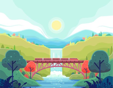 trains crossing a river over the railroad bridge by ozant Train Illustration, Railroad Bridge, Flat Design Illustration, Bridge Design, Up Book, Pop Up Book, Animated Images, Vector Illustration Design, Cute Art Styles