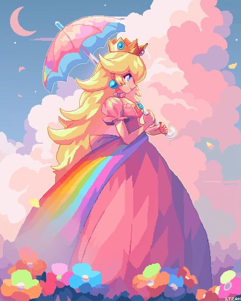 The Princess, Princess Peach, Pixel Art, Nintendo, Mario, Rainbow, Art