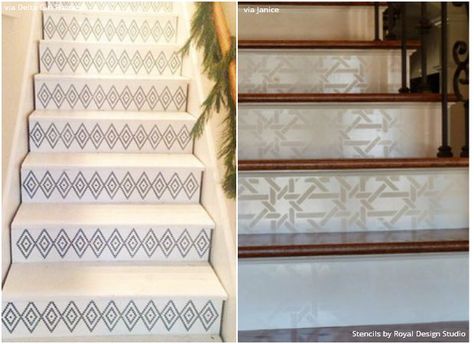 The Hottest Home Décor Trend: Stenciled Stairs - 14 DIY Ideas using Royal Design Studio Stencils Stair Stencils, Stenciled Stairs, Floor Fireplace, Removable Backsplash, Stair Riser Vinyl, Fireplace Backsplash, Wood Panel Wall Decor, Marble Effect Wallpaper, Vinyl Stairs