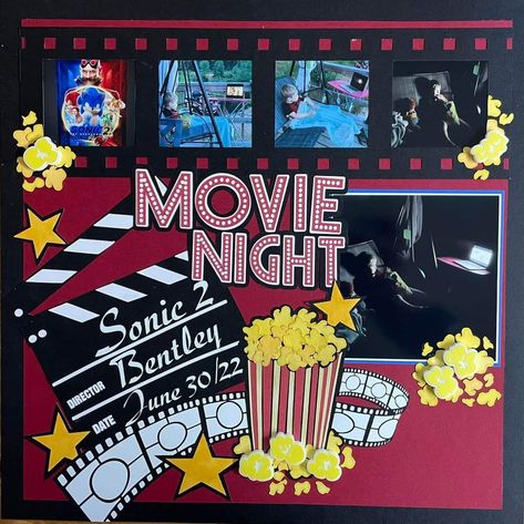 Date Night Scrapbook Ideas, Scrapbook Ideas Front Page, Film Scrapbook Ideas, Movie Scrapbook Ideas, Friends Scrapbook Ideas, Movie Scrapbook, Movie Date Scrapbook Page, Movies We Watched Scrapbook, Movie Themed Scrapbook Page