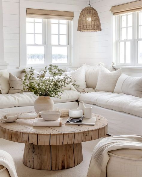 Kathy Kuo Home Living Room Decor With Sectional, Grandmother Style, Room Sharing, Hamptons Aesthetic, Wood Coffee Tables, Beach Living Room, Minimalist Living Room Decor, Beach House Interior Design, Round Wood Coffee Table