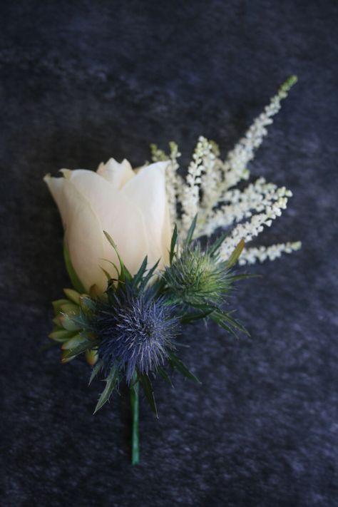 Thistle Wedding, Gretna Green, Wedding September, Patriotic Wedding, Wedding Boutonnieres, Button Holes Wedding, Floral Creations, Sea Holly, Blue Wedding Flowers