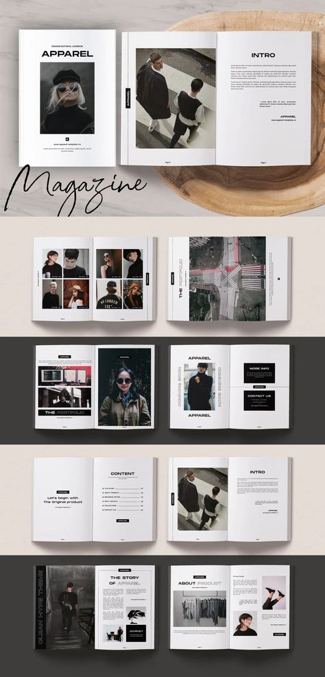 Apparel Fashion Editorial Lookbook Template InDesign - 30 pages Graphic Design Lookbook, Lookbook Layout Fashion Look Books, Look Book Fashion Layout, Fashion Lookbook Layout, Fanzine Ideas, Fashion Publication, Fashion Lookbook Design, Fashion Zine, Brand Deck