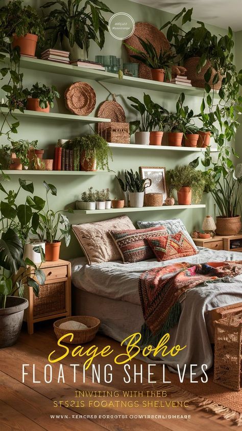 Style it up with floating shelves! 🪴✨ This sage green boho bedroom is all about displaying plants, Sage Green Boho Bedroom, Green Boho Bedroom, Displaying Plants, Boho Inspo, Boho Style Bedroom, Organized Living, Boho Green, Bedroom Boho, Boho Bedroom