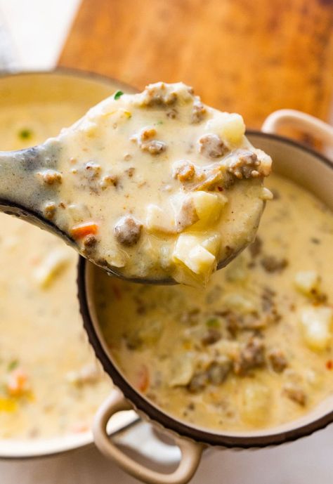 Sausage Cheddar Soup, Baked Potato Soup With Sausage, Soup Using Sausage, Sausage Cheese Soup, Slow Cooker Sausage Potato Soup, Slow Cooker Sausage And Potato Soup, Italian Sausage Potato Recipes, Potato And Sausage Soup Crockpot, Potato Soup With Meat