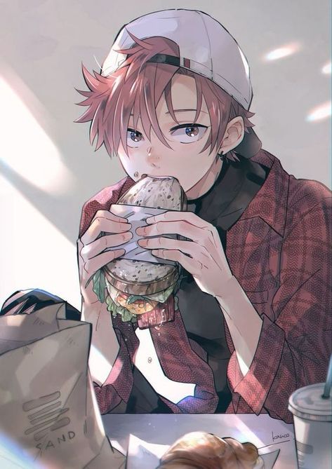 Eating Pose, Sandwich Drawing, Red Hair Anime Guy, 13 Aesthetic, Anime Character Names, Anime Boy Hair, Anime Fanfiction, Eating Food, Wattpad Stories