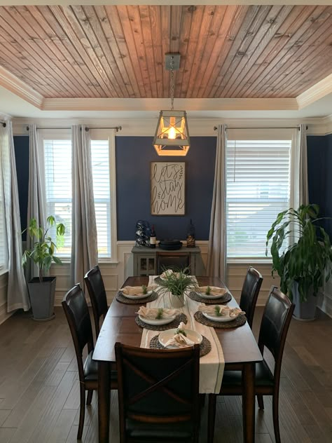 Tongue And Groove Ceiling Dining Room, Dinning Room Ceiling Design Wood, Tray Lighting Ceiling, Natural Wood Tray Ceiling, Waynes Coating Ceiling Ideas, Tongue And Groove Living Room Ceiling, Paneled Tray Ceiling, Old House Ceiling Ideas, Adding Beams To Tray Ceiling