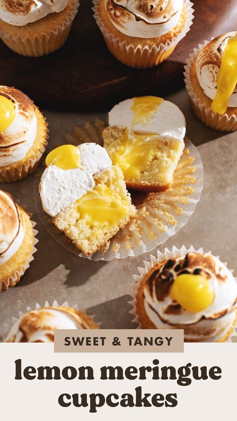 These lemon meringue cupcakes are made with soft and fluffy vanilla cupcakes using the hot milk method. They're filled with tangy lemon curd and topped with airy swiss meringue that's torched to perfection! #cupcakes #lemonmeringue #lemondessert | teakandthyme.com Torched Meringue, Lemon Meringue Cupcakes Recipe, Milk Cupcakes, Fluffy Vanilla Cupcakes, Lemon Curd Cupcakes, Lemon Meringue Cupcakes, Lemon Meringue Cake, Meringue Cupcakes, Toasted Meringue