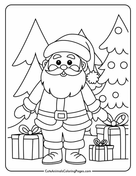 Coloring page featuring a cheerful Santa Claus standing beside wrapped gifts and Christmas trees, perfect for holiday-themed art activities. Santa Colouring Pages, Christmas Truck Coloring Page, Christmas Colouring Printables Free, Christmas Colouring Printables, Christmas Coloring Printables Free, Santa Coloring Pages Free Printable, Free Christmas Coloring Sheets, Christmas Coloring Printables, Xmas Coloring Pages