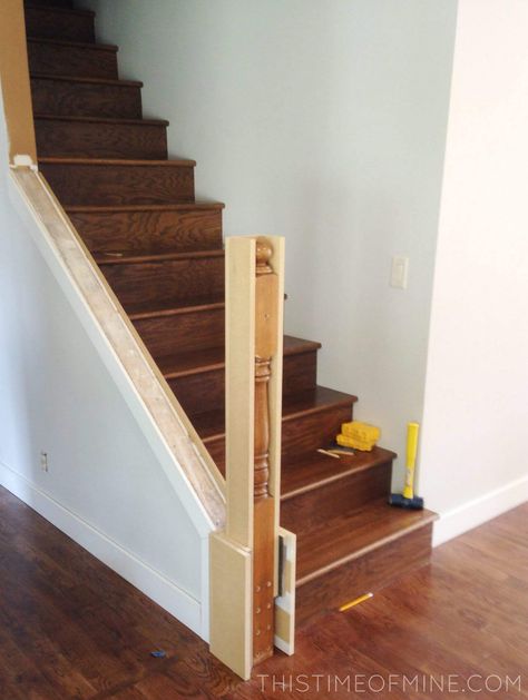 Replacing Balusters Diy, Stair Railing Storage, Changing Spindles On Staircase, Replacing Banister Spindles, Stairway Post Ideas, Cover Stair Railing, Add Railing To Stairs, No Banister Stairs, Square Banister Post