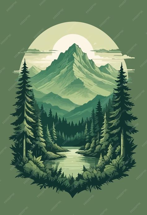 Premium Vector | A poster for a mountain lake with mountains and trees Graphic Mountain Art, Lake With Mountains, Mountains Graphic, Mountains And Trees, Mountain Illustration, Dreamy Artwork, Tshirt Illustration, Diy Watercolor Painting, Diy Watercolor