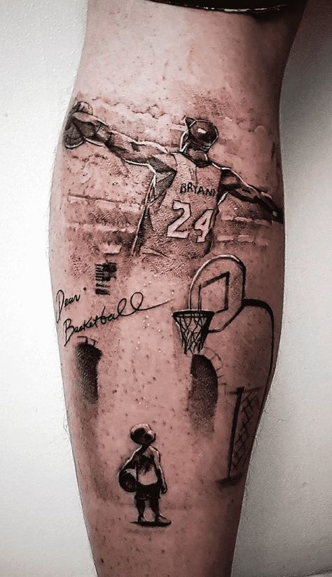 Basketball Tattoo Design Images (Basketball Ink Design Ideas) Basketball Goal Tattoo, Basketball Leg Sleeve Tattoo, Basketball Arm Tattoos, Golden State Warriors Tattoo Ideas, Sports Sleeve Tattoo, Nba Tattoos Basketball Players, Tattoo Ideas For Basketball Players, Basketball Themed Tattoos, Laker Tattoos