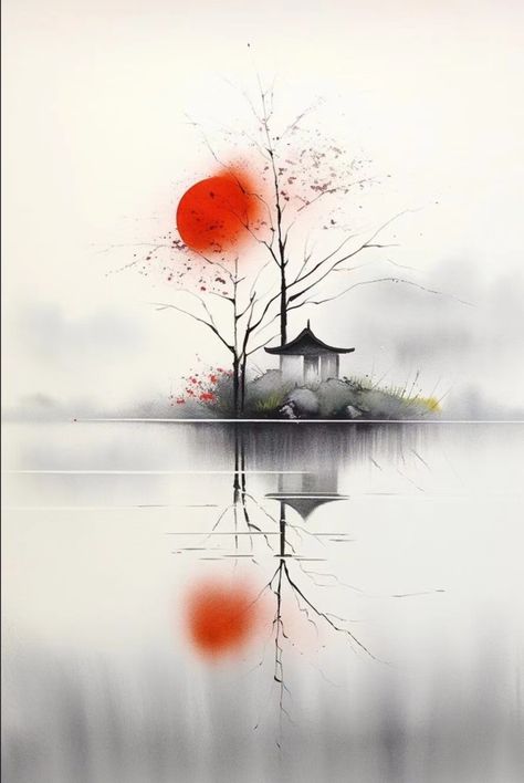 Japanese Watercolor Landscape, Japanese Painting Wallpaper, Japanese Watercolor Paintings, Japanese House Drawing, Japanese Watercolor Art, Chinese Watercolor Painting, Minimalist Watercolor Painting, Japan Watercolor, Chinese Watercolor