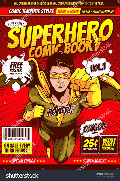 Superhero comic cover template background, flyer brochure speech bubbles, doodle art, Vector illustration, you can place relevant content on the area. #Ad , #Sponsored, #flyer#background#speech#brochure Superhero Comic Cover, Bubbles Doodle, Comic Style Poster, Lanyard Ideas, Comic Template, Superhero Books, Magazine Cover Page, Comic Design, Superhero Theme Party