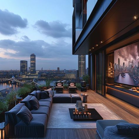 Nyc Penthouse Terrace, Luxury Penthouse Balcony, Pent House Terrace, Dream Terrace, Penthouse Exterior, Penthouse Balcony, Penthouse Garden, Cinema Room Design, Penthouse Decor