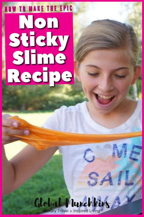 You are going to love our Non Sticky Slime Recipe. Not only is it incredibly easy to make, and that is coming from mom who is an epic Pinterest craft failure, but it also only uses 4 ingredients and it’s NOT sticky! Non Messy Slime Recipe, Not Sticky Slime Recipe, Home Made Slime For Kids Easy, How To Make Non Sticky Slime, Non Sticky Slime Recipe Easy, Non Sticky Slime Recipe, Non Sticky Slime, Recipe Crafts, Fluffy Slime Ingredients