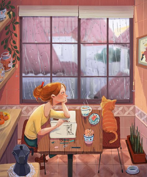 Rainy Window, Window Illustration, Looking Out The Window, Art And Illustration, 2d Art, Dreamy Art, Girls Cartoon Art, Girly Art, الرسومات اللطيفة