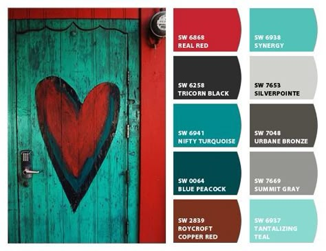 Sherwin Williams Nifty Turquoise / Real Red Nifty Turquoise Sherwin Williams, Turquoise Office Decor Ideas, Red Orange Teal Color Scheme, Turquoise Red Color Palette, Red Turquoise Color Palette, Burgundy Turquoise Color Palette, Red And Turquoise Color Palette, Red And Turquoise Living Room, Turquoise Color Palette