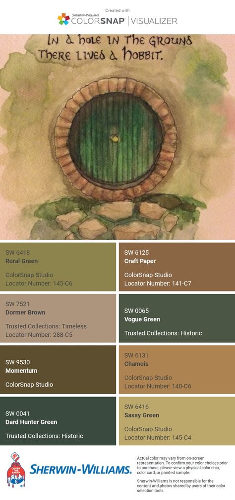 I just created this color palette with the Sherwin-Williams ColorSnap® Visualizer app on my Android phone. What do you think? You can learn more about ColorSnap Visualizer and get it on your phone free by visiting https://www.sherwin-williams.com/content/colorsnap.html. Copper Green Color Palette, Hobbit Colour Palette, Cottagecore Color Schemes, Green Brown Exterior House Colors, Vintage Interior Color Palette, Dark Academia Sherwin Williams, Slytherin Color Palette, Hobbit Color Palette, Lord Of The Rings Color Palette