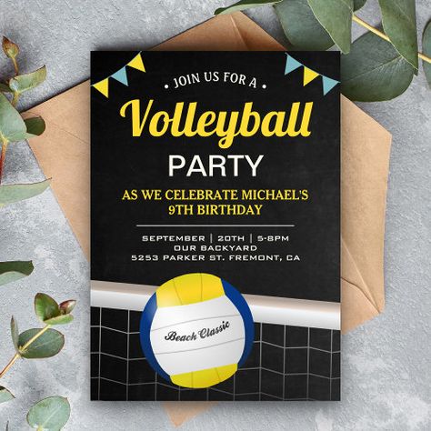 $3.08 | Beach Volleyball Birthday Party #volleyball, birthday party, sports, game, outdoor, sports theme, volleyball theme, kids, summer, chalkboard Volleyball Party Invitations, Sports Day Invitation, Volleyball Party Decorations, Volleyball Birthday Party, Volleyball Birthday, Summer Chalkboard, Volleyball Party, Summer Birthday Invitations, Sports Birthday Invitations