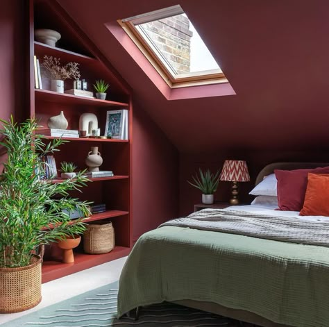 Colourful Loft Bedroom, Attic Color Ideas, Loft Conversion London, Bedroom Red Wall, Attic Room Paint Ideas, Painted Attic Ceiling, Colour Drench Room, Loft Paint Ideas, Colour Drench Bedrooms