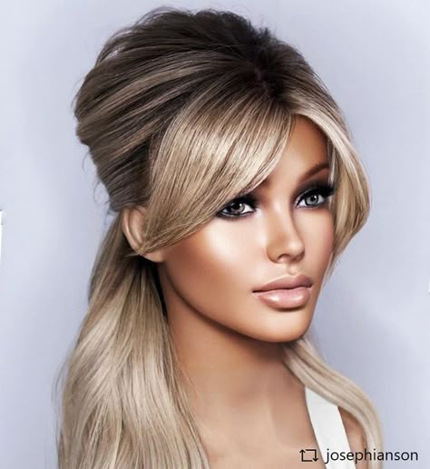 Hair In A Ponytail With Bangs, Long Black Hair Styles Hairdos, Updos Blonde Hair, Glam Updo Hairstyles, 60s Ponytail, Full Hairstyles, Big Hairstyles, Bardot Hair, Haircuts For Girls