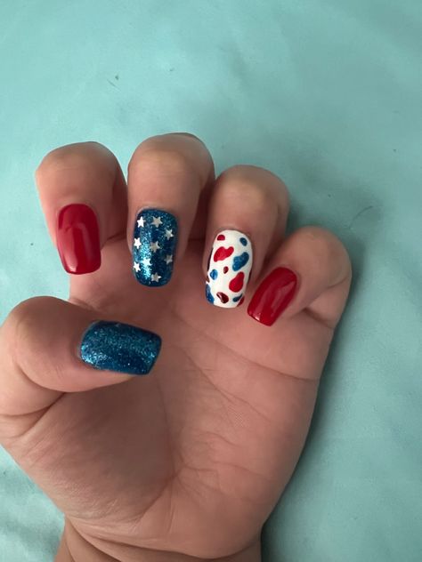 4th Of July Cow Print Nails, Red White And Blue Cow Print Nails, Shellac Nail Ideas, Nail Ideas Prom, Cow Print Nails, Patriotic Nails, Western Nails, Fourth Of July Nails, Cow Nails