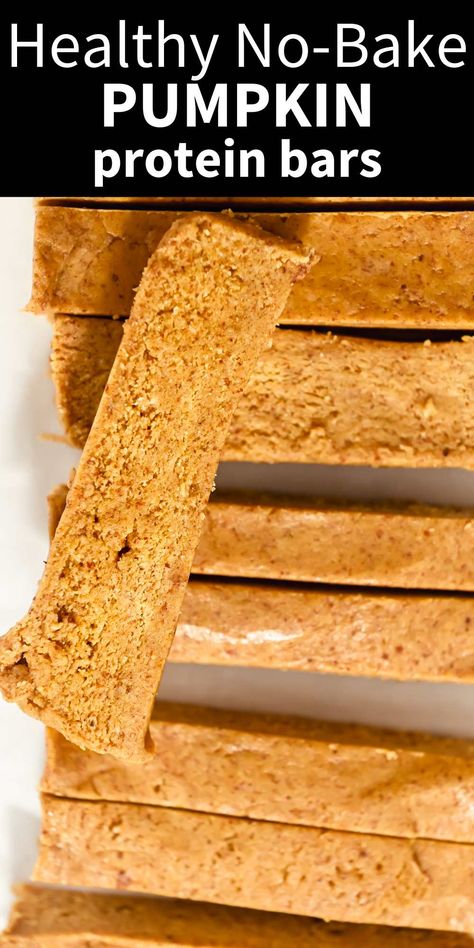 These healthy no-bake pumpkin protein bars are a healthy snack that tastes just like a pumpkin perfect bar!  These homemade protein bars are the perfect after school or post workout snack! Only 6 simple ingredients and 10 grams of protein per serving. Gluten-free, dairy-free, and vegan. Pumpkin Protein Bars Healthy, Healthy Pumpkin Granola Bars, Low Sugar Protein Bar, Healthy Protein Treats, Healthy Snacks After School, Homemade Protein Bar, High Protein Snacks Dairy Free, Protein Bars Homemade Healthy, Healthy Homemade Protein Bars