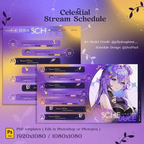 Celestial Stars Stream Schedule | Vtuber Schedule | Magical Weekly Schedule For Streamers | Cute Pastel Color Tones | Photoshop files PSD Vtuber Debut Template, Vtuber Schedule, Stream Schedule Template, Stream Assets, Stream Schedule, Twitch Streaming Setup, Celestial Stars, Streaming Setup, Cute Banners