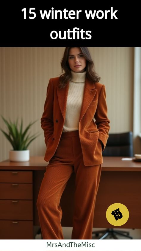 winter work outfits Outfits For The Office, Winter Work Outfits, Corduroy Suit, Sleek Jumpsuit, Workwear Wardrobe, Winter Outfits For School, Clubbing Outfits, Winter Work, Fitted Turtleneck